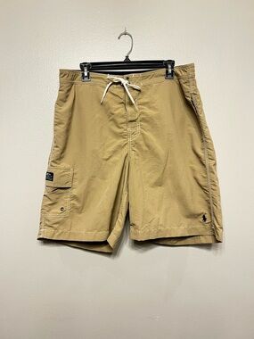 VTG Polo Ralph Lauren Khaki Swim Trunk Shorts Drawstring Sz L Beach Resort Logo